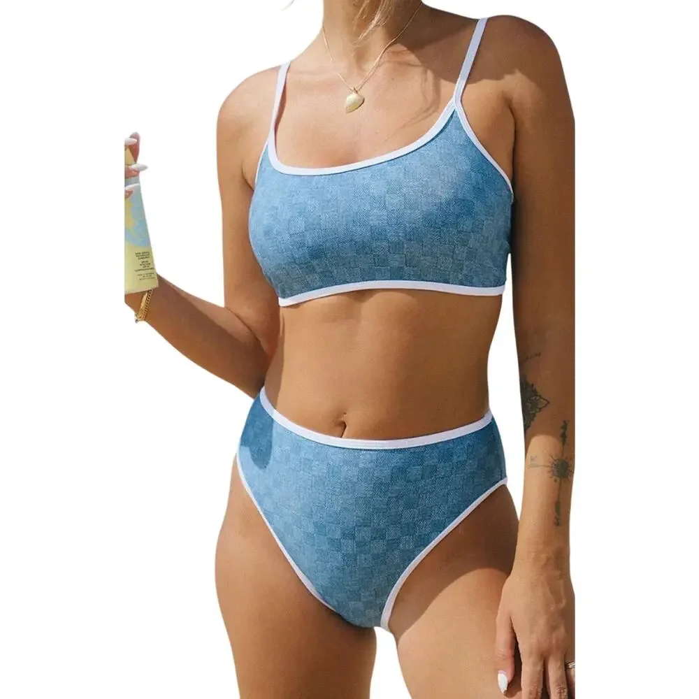 Beach Riot Denim Daze Checkered Scoop Neck Racerback Swimsuit Set XL - Picture 2 of 5